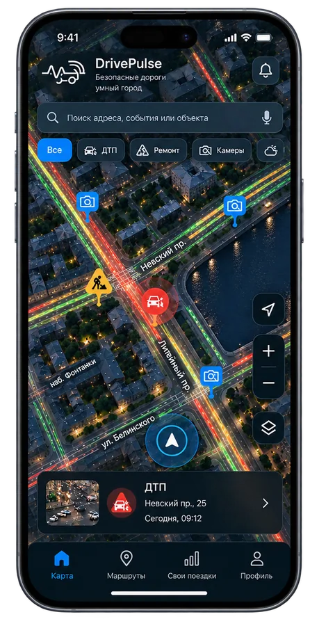 Карта в приложении DrivePulse с отмеченным ДТП на Невском проспекте